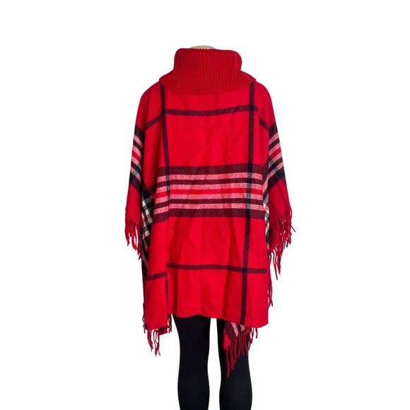 Talbots Women's Red Plaid Poncho With Fringe Hem & Turtleneck Sweater Sz M/L-NEW - Picture 4 of 8